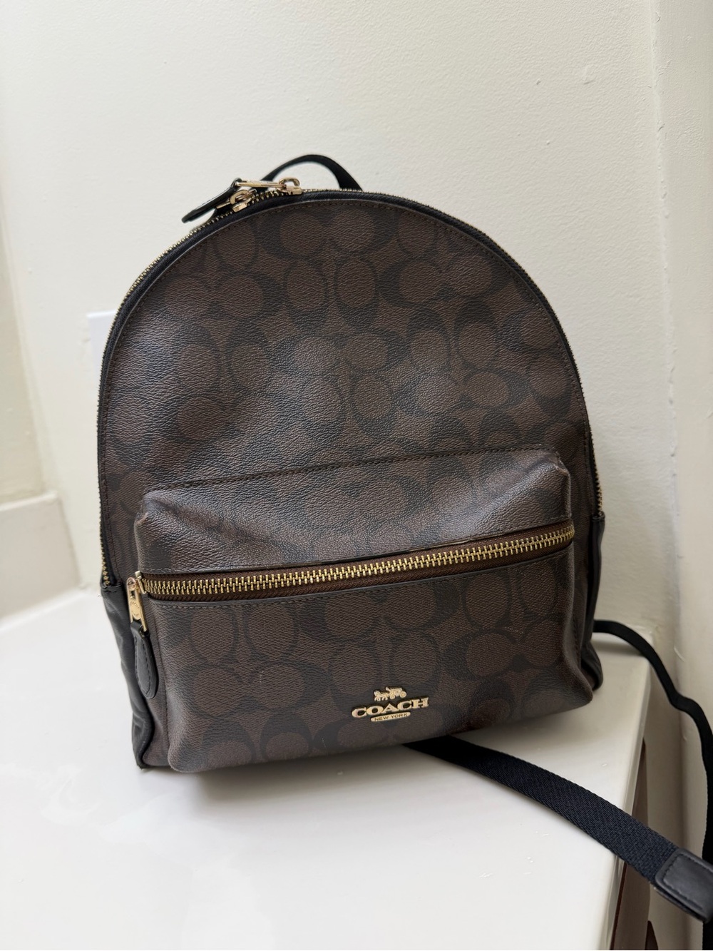 Coach Dark Brown Signature Mini Backpack with Gold Hardware